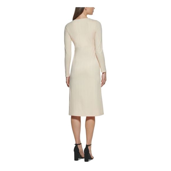 NWT KENSIE DRESSES Womens Beige Knit Long Sleeve Below The Knee A-Line Dress XS - Picture 2 of 5